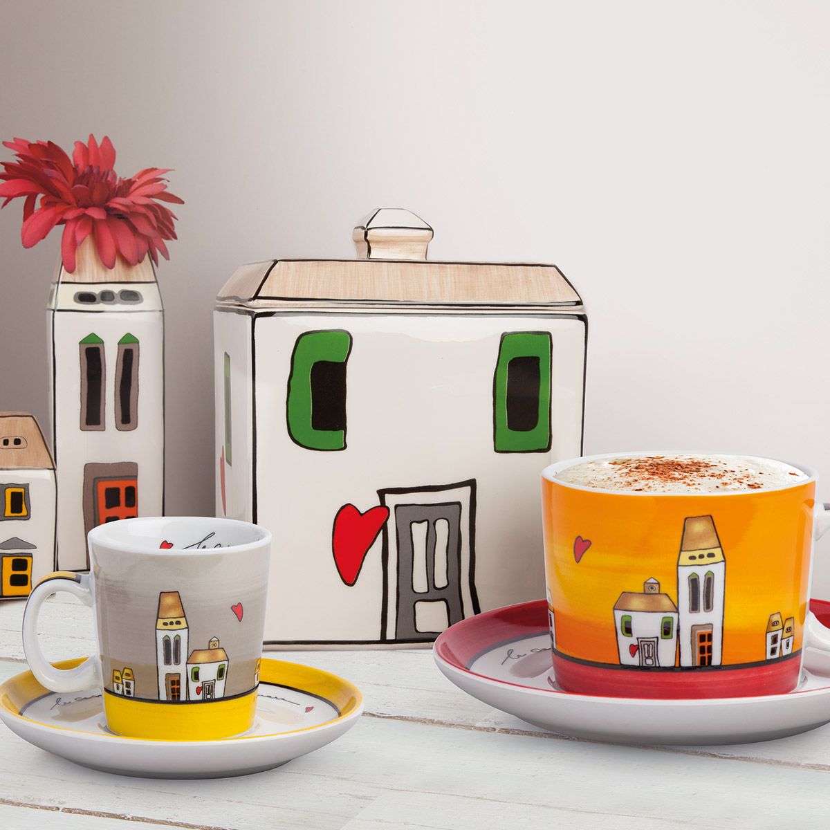 Set 6 Tazze Caffe` C/Piatt Le Casette Ml.100