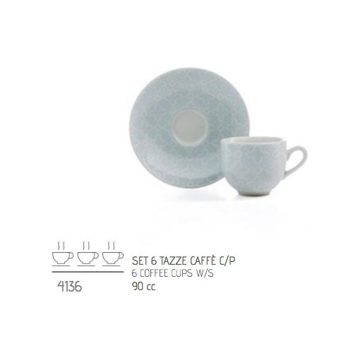 Set 6 Tz Caffè; Con Piattino Azzurra Porcellana Evviva