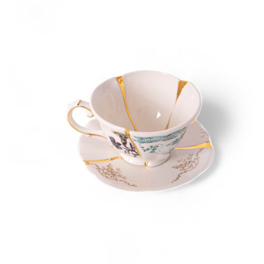 Set Da Te Con Tazza E Piattino In Porcellana E Oro Kintsugi #3