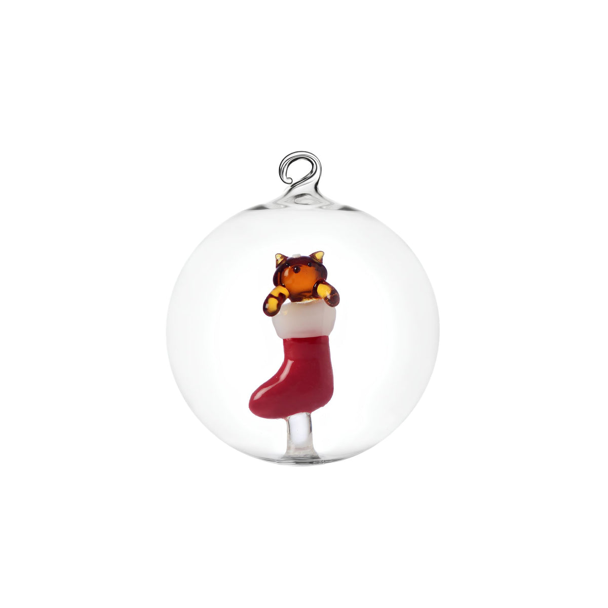 Set 2 Palle Natale Gatto Ambra Nella Calza Rossa Ichendorf