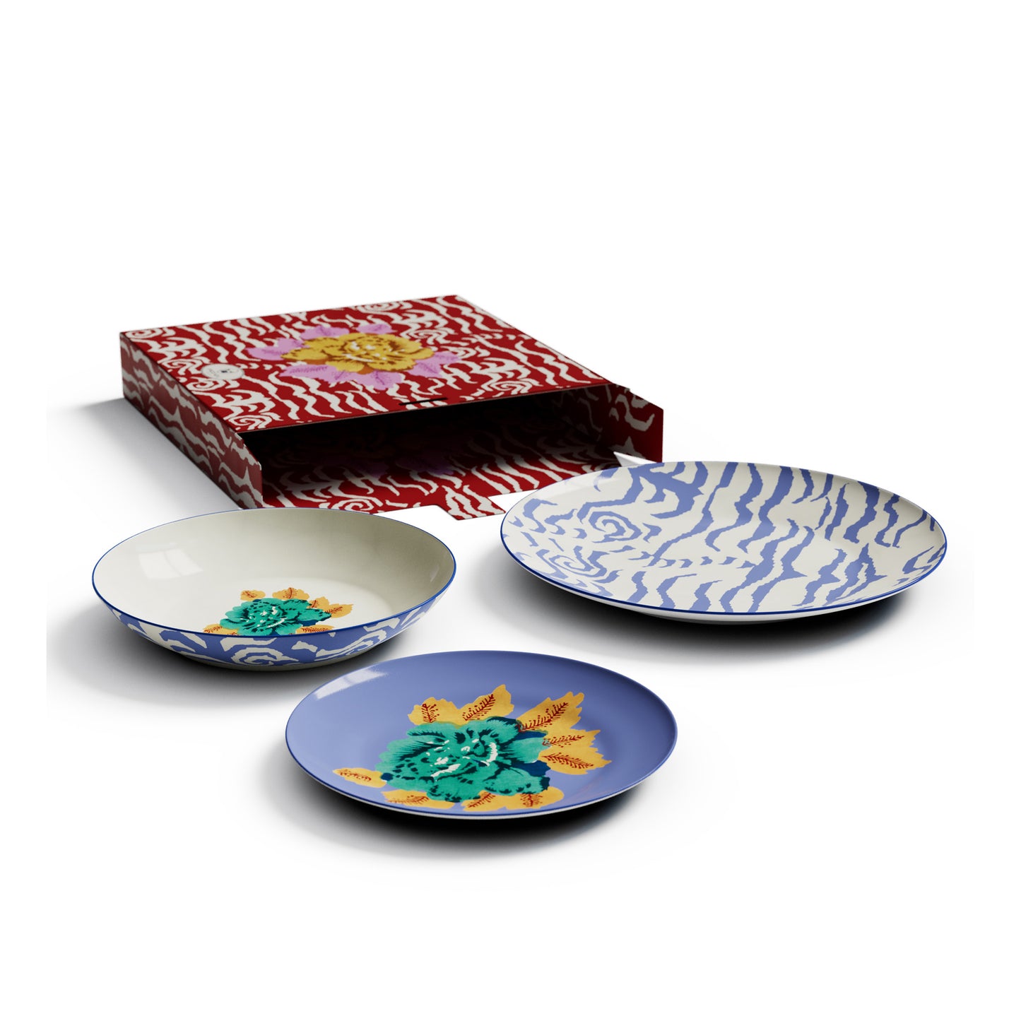Table Set Plate 3X Porcelain Indian Tiger Pervinch Unica