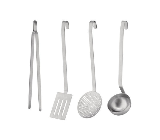 Servizio di posate da cucina composto da mestolo, paletta, pinza e schiumaiola in acciaio inossidabile 18/10, satinato.