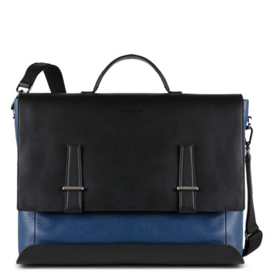 Cartella In Pelle Con Patta Nera E Blu Piquadro