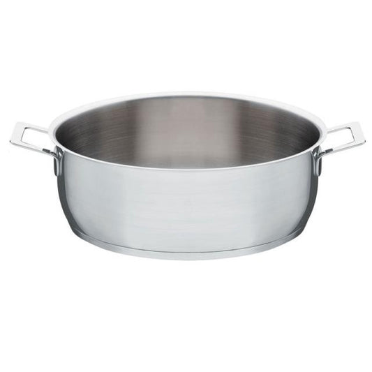 Casseruola bassa a due manici in acciaio inossidabile 18/10 lucido. Fondo in acciaio magnetico adatto anche alla cottura a induzione.