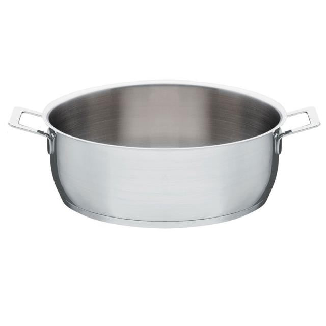 Casseruola bassa a due manici in acciaio inossidabile 18/10 lucido. Fondo in acciaio magnetico adatto anche alla cottura a induzione.