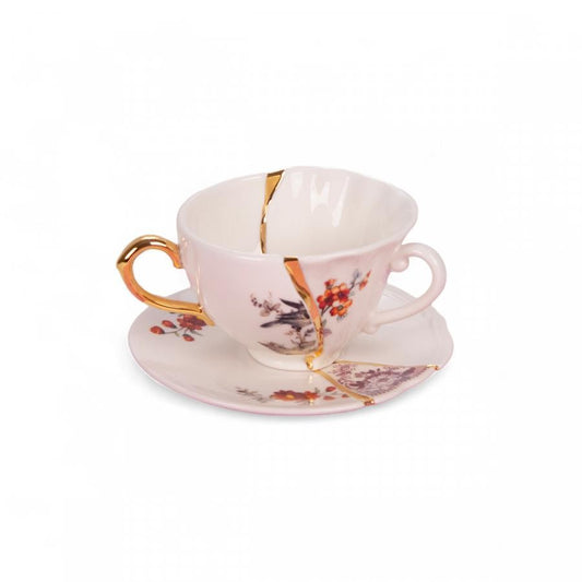 Set Da Te Con Tazza E Piattino In Porcellana E Oro Kintsugi #1