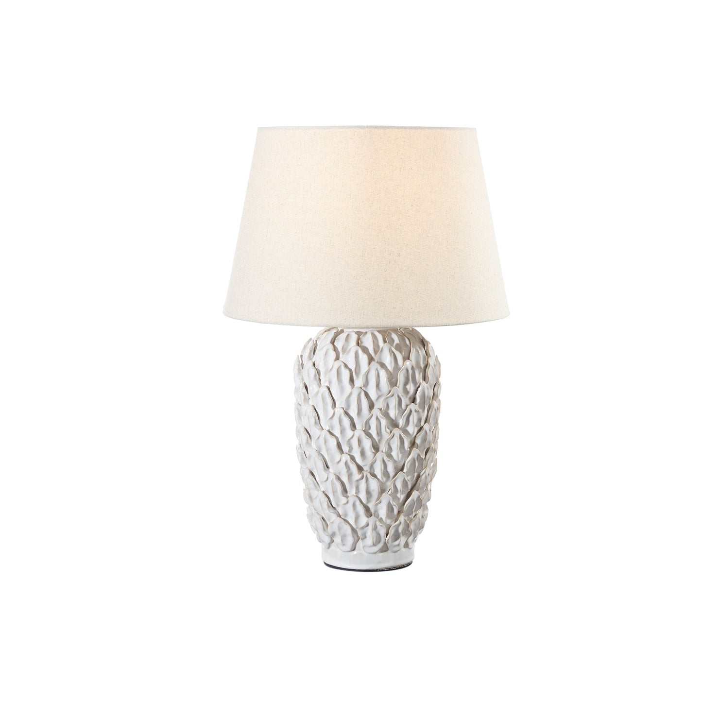 Lampada bianca in ceramica con cappa in tessuto
