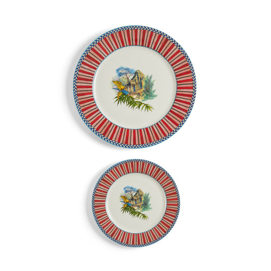 Porcelain Set Plate Of 2 Jungle Parrot Red Lisa Corti