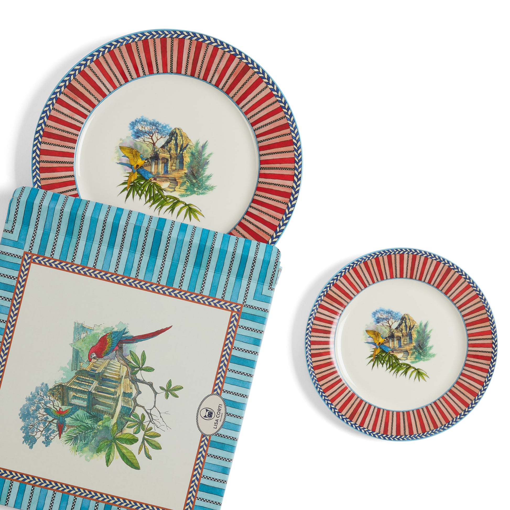 Porcelain Set Plate Of 2 Jungle Parrot Red Lisa Corti