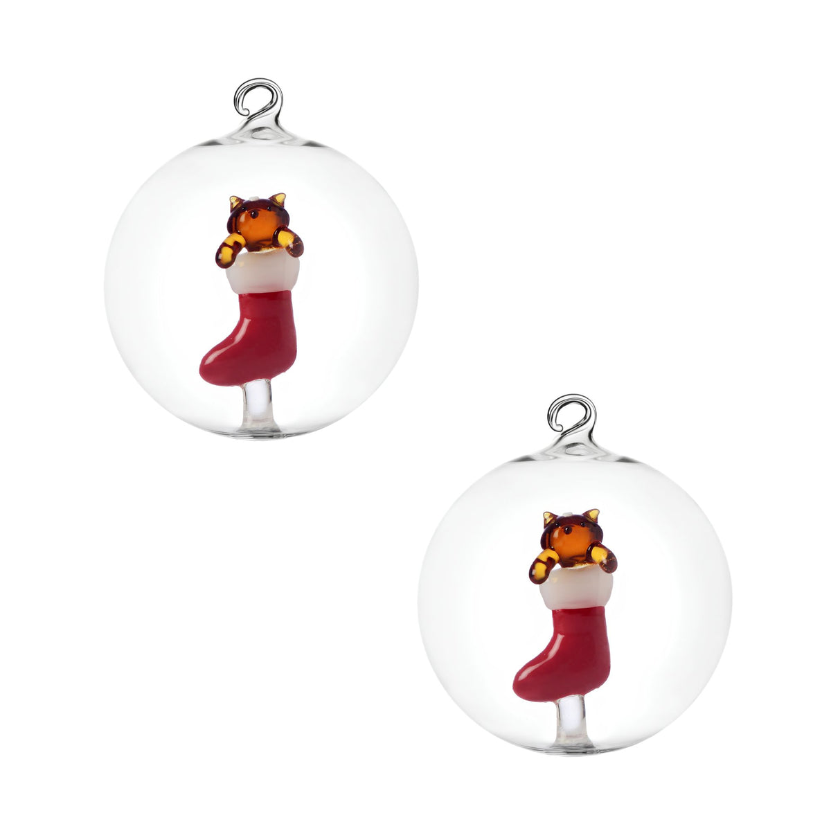 Set 2 Palle Natale Gatto Ambra Nella Calza Rossa Ichendorf