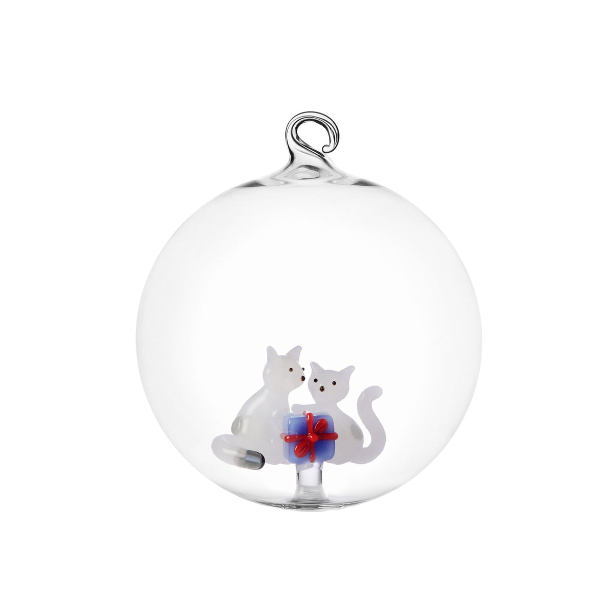 Set 2 Palle Natale Gatti Bianchi Con Regalo Azzurro - 12 Cm Ichendorf