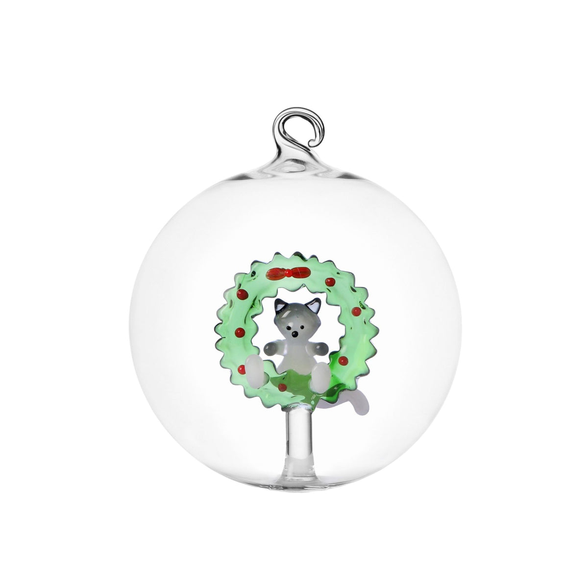 Set 2 Palle Natale Ghirlanda Con Gatto Bianco - 12 Cm Ichendorf