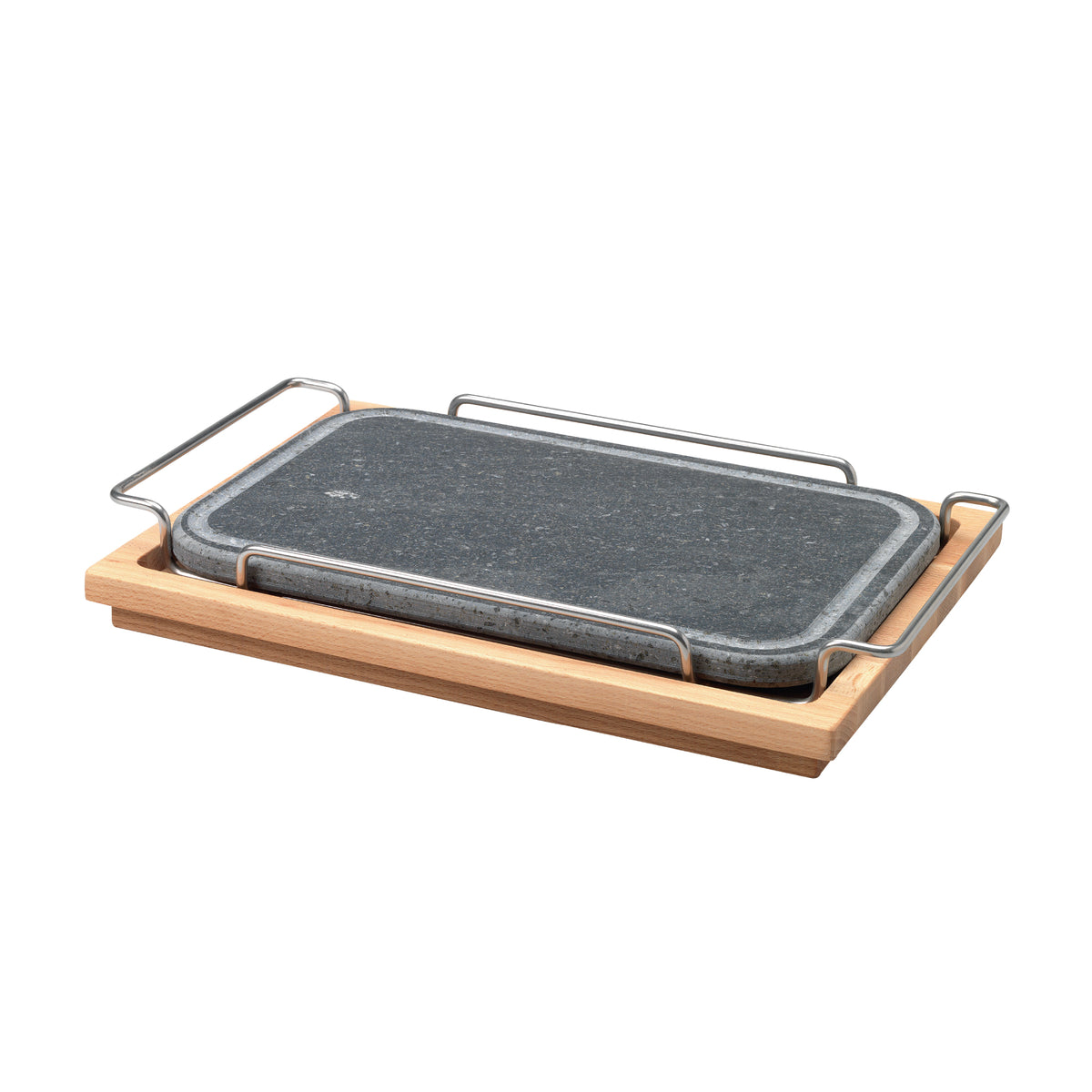 Pietra ret.spig.arrotond.cm 25x35 c/supporto inox e basamento legno Pentole Agnelli