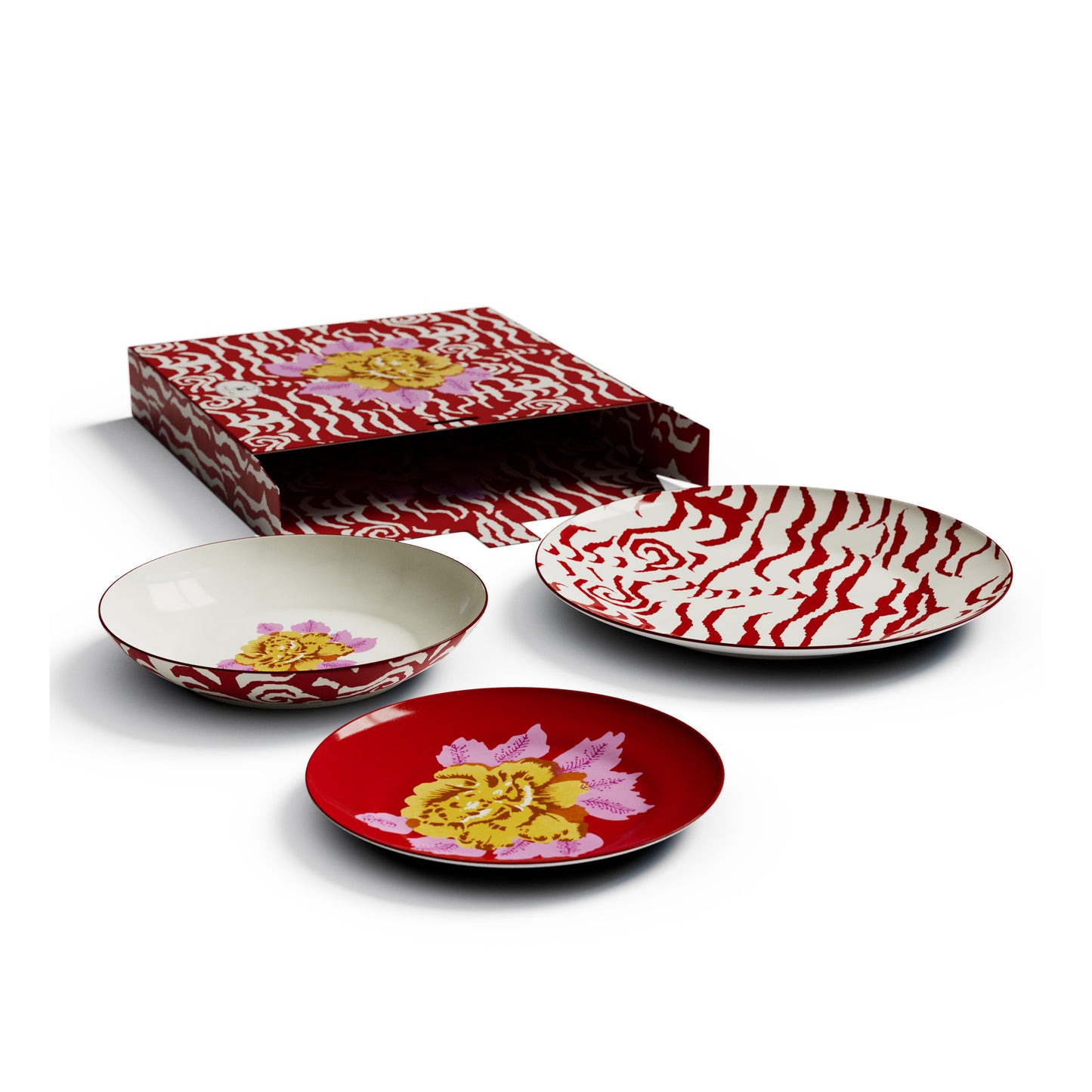 Table Set Plate 3X Porcelain Indian Tiger Red Lisa Corti